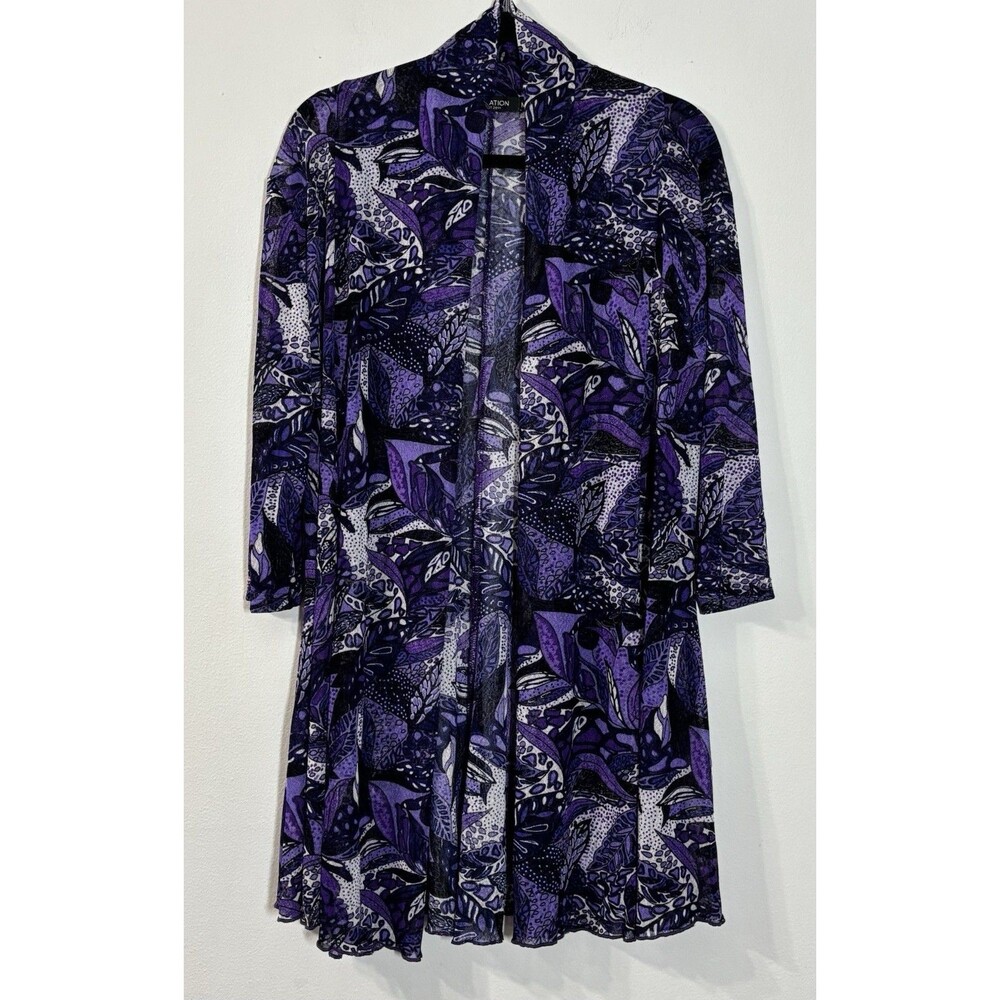 Creation Women’s Medium Purple Abstract Botanical Open Front Duster Cardigan
